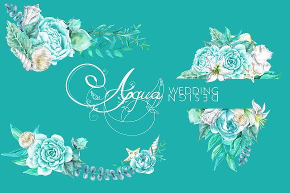 Aqua Flower & Shell Wedding Bouquets in Illustrations - product preview 4