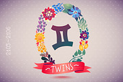 Zodiac sign TWINS in floral wreath