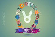 Zodiac sign TAURUS in floral wreath