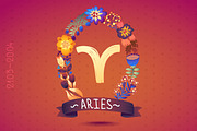 Zodiac sign ARIES in floral wreath