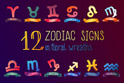 Zodiac sign set in floral wreaths
