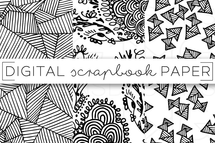 Black & White Doodle Digital Paper in Patterns - product preview 8