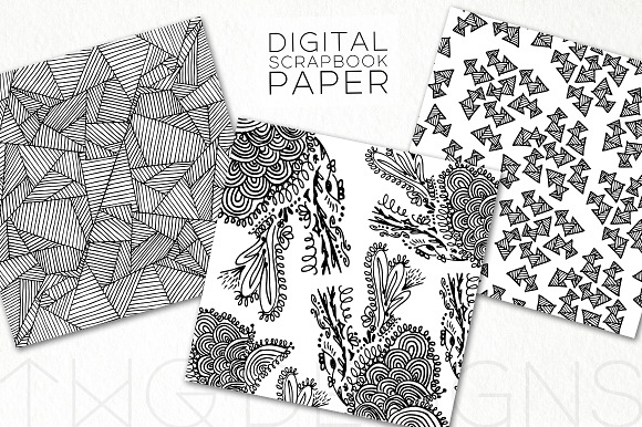 Black & White Doodle Digital Paper in Patterns - product preview 1