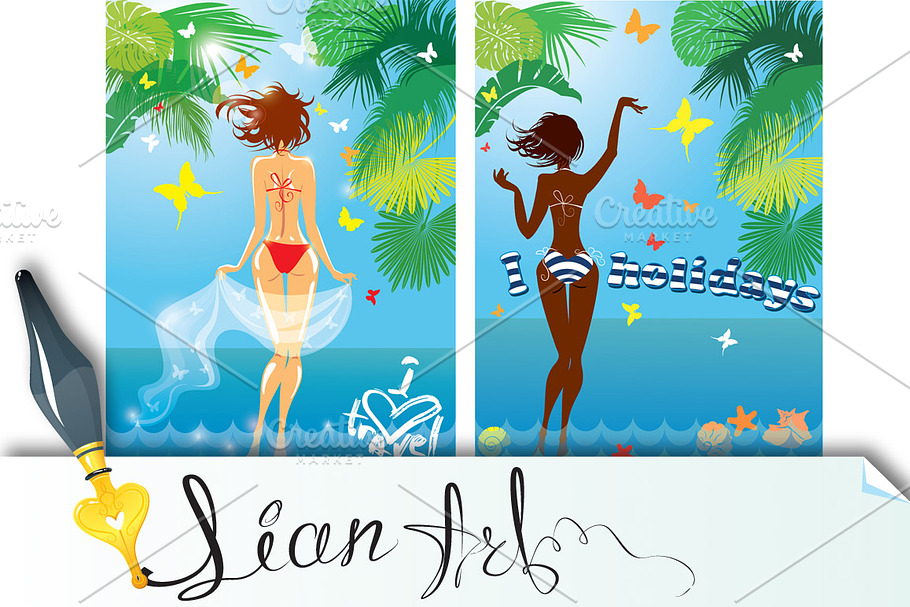 Woman in bikini swimwear at tropical in Illustrations - product preview 8