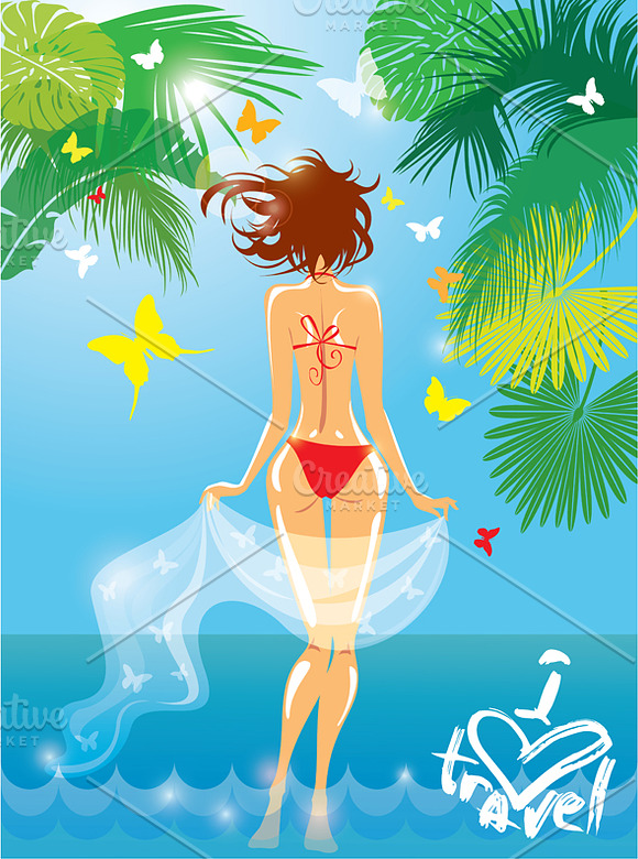 Woman in bikini swimwear at tropical in Illustrations - product preview 1