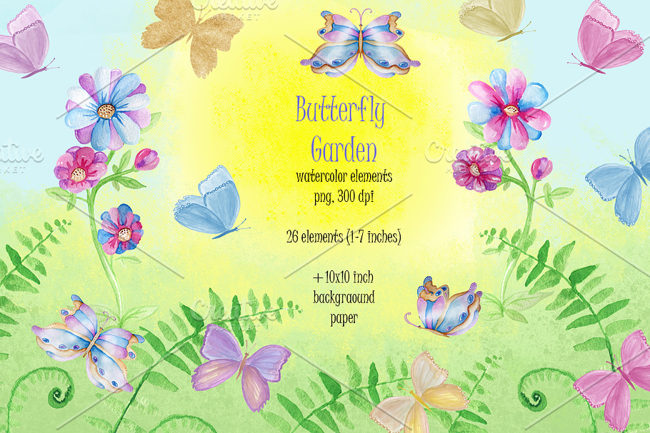 Watercolor butterflies. Elements