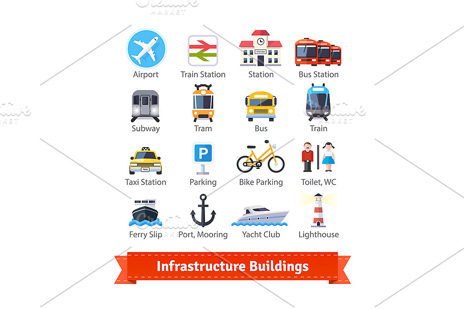 Infrastructure buildings icon set
