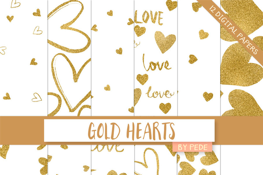 Gold hearts digital papers