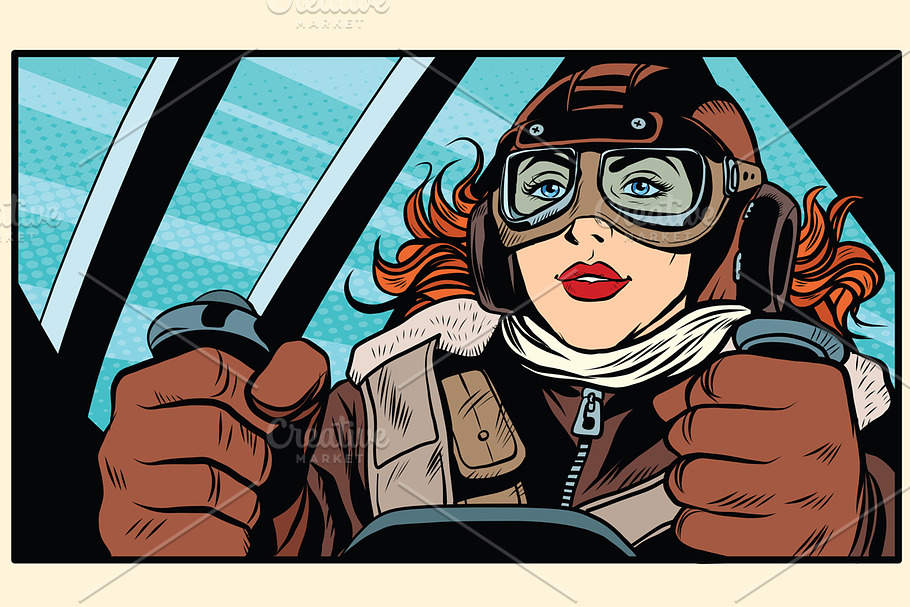 Girl retro pilot on the plane