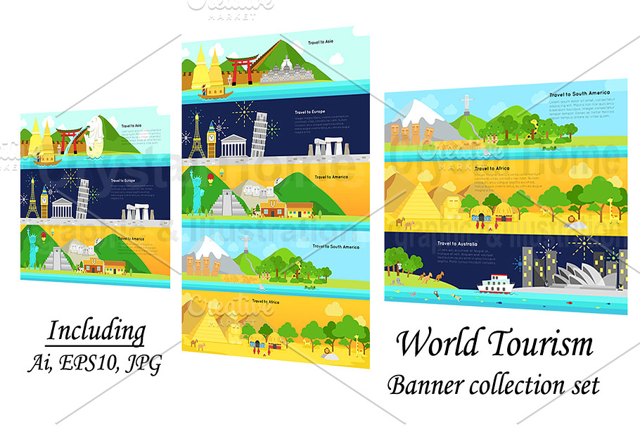 World continent tourism banner pack! in Illustrations - product preview 8