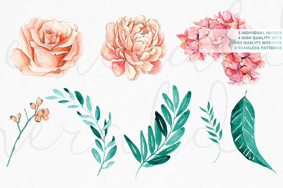Emerald & Mint Watercolor Flowers in Illustrations - product preview 3
