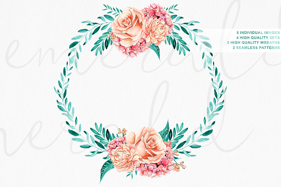 Emerald & Mint Watercolor Flowers in Illustrations - product preview 4