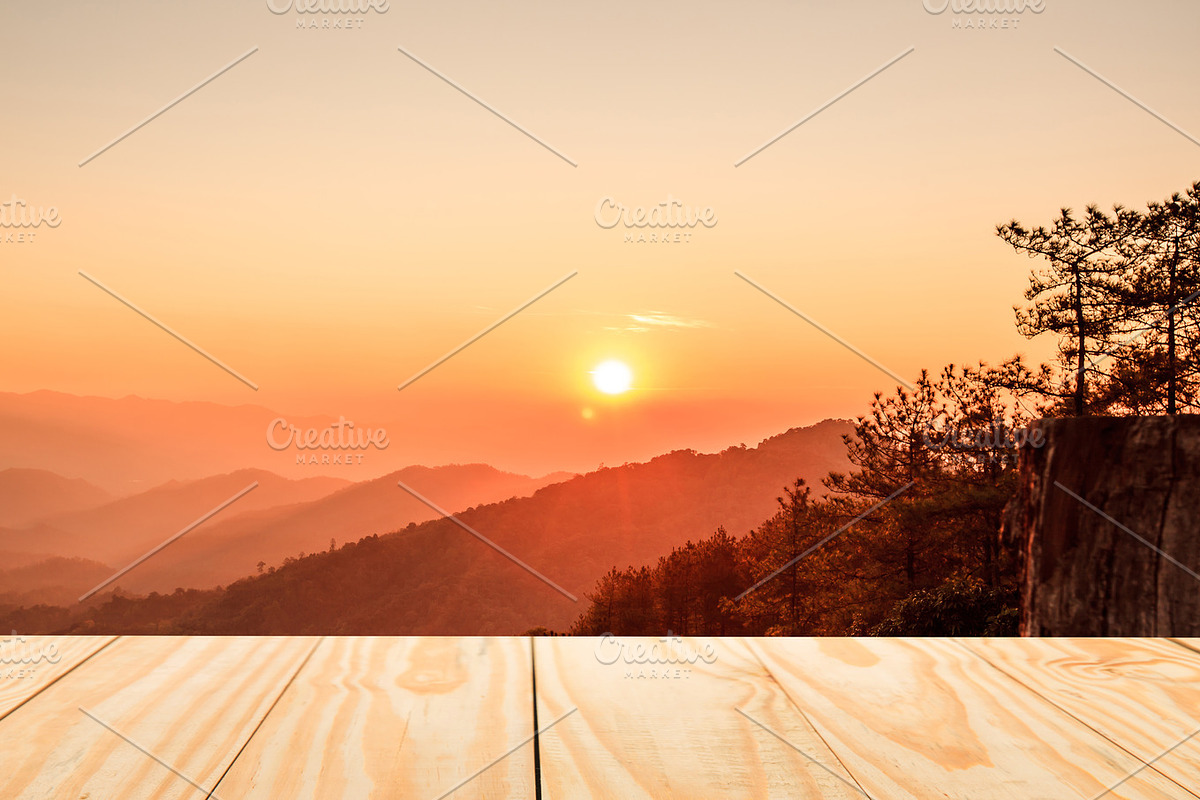 Wood table top on sunset and forest in Product Mockups - product preview 8