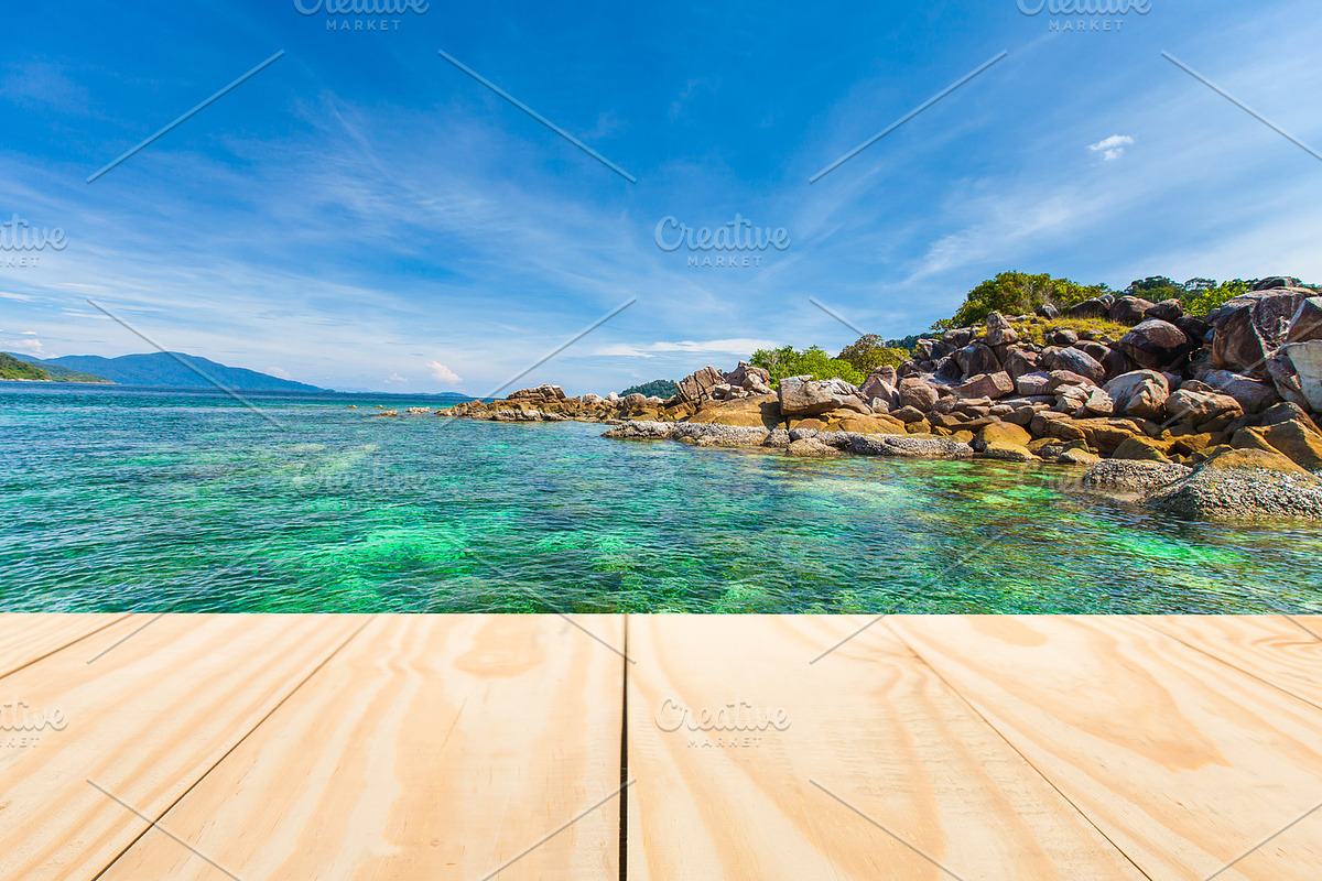 Wood table top on tropical ocean in Product Mockups - product preview 8