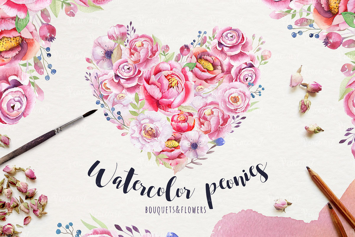 Watercolor  peonies & floral in Illustrations - product preview 8