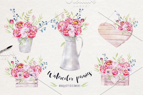 Watercolor  peonies & floral in Illustrations - product preview 4