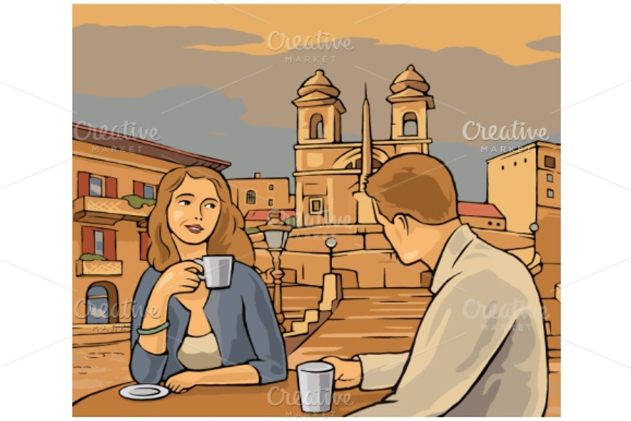 Man, woman drinking coffee ROME in Illustrations - product preview 8