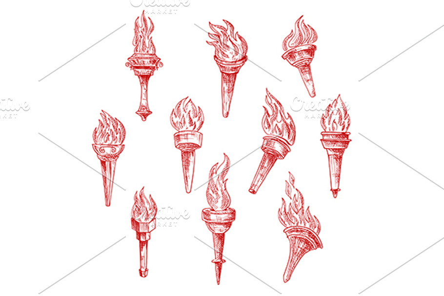 Ancient flaming torches red sketches in Graphics - product preview 8
