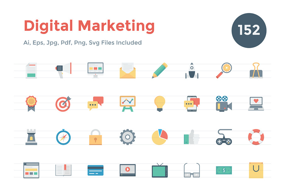 150+ Flat Digital Marketing Icons