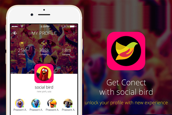 4 Flat Social Bird App Design UI