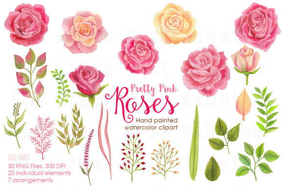 Pretty Pink Roses Watercolors in Illustrations - product preview 3