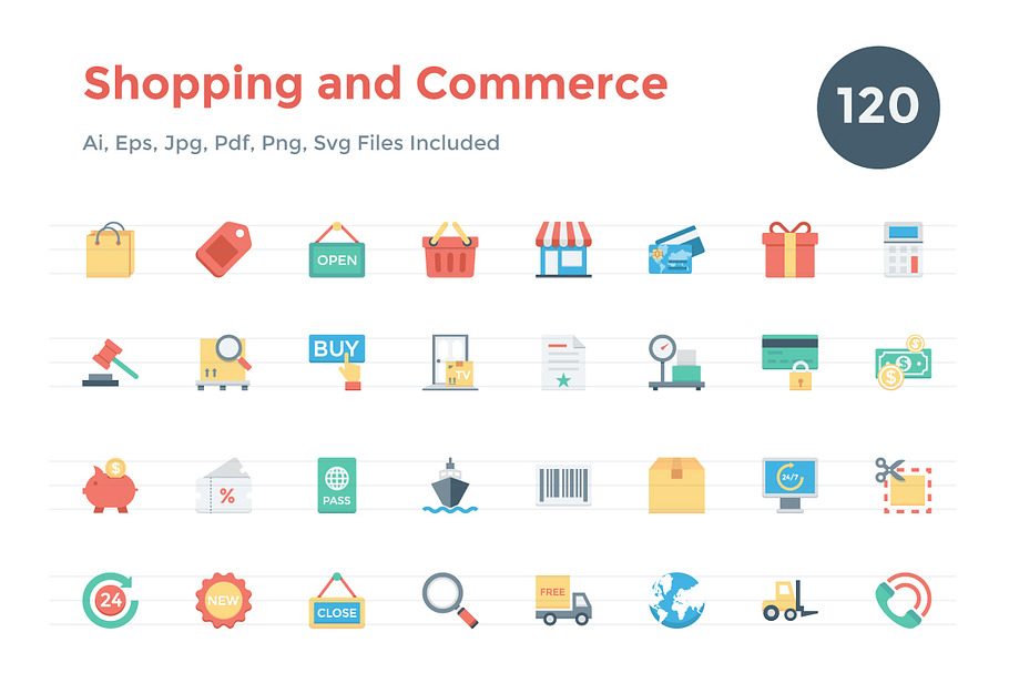 120 Flat Shopping and Commerce Icons