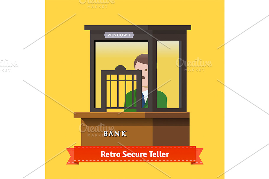 Retro secure caged teller window in Illustrations - product preview 8