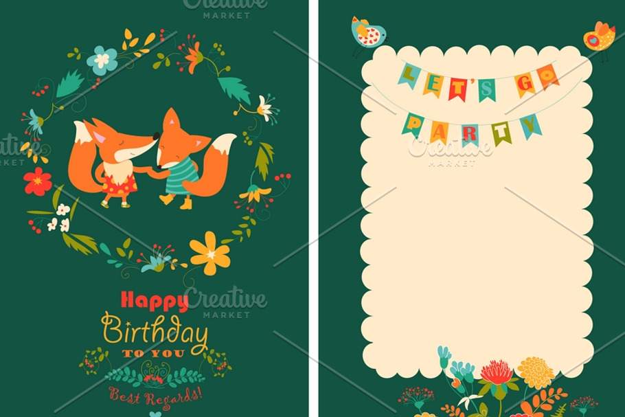 Birthday card with foxes in wreath