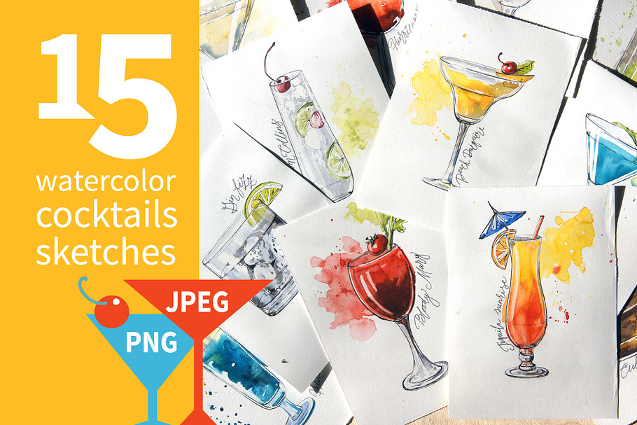 15 watercolor cocktails sketches in Illustrations - product preview 8
