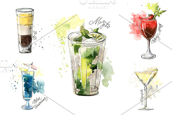 15 watercolor cocktails sketches in Illustrations - product preview 1