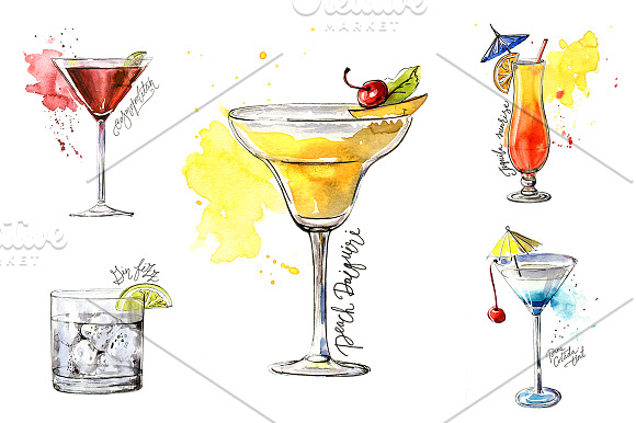 15 watercolor cocktails sketches in Illustrations - product preview 2