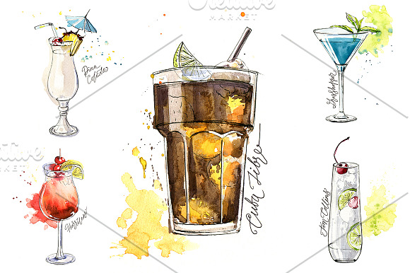 15 watercolor cocktails sketches in Illustrations - product preview 3