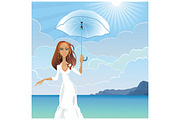 Girl with umbrella near sea