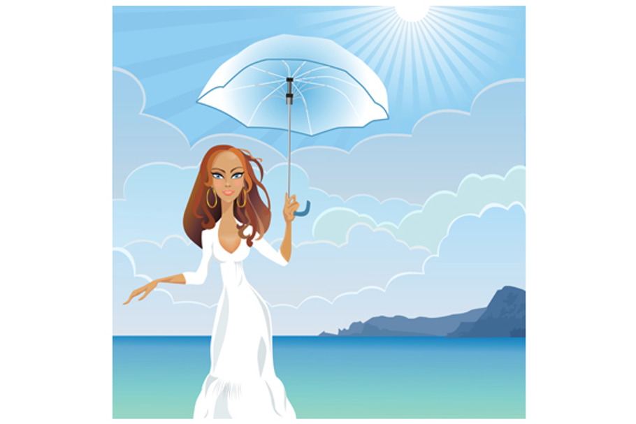 Girl with umbrella near sea in Illustrations - product preview 8