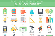 36 School color flat icons set