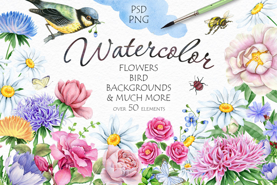 30% OFF! Watercolor Flowers and Bird