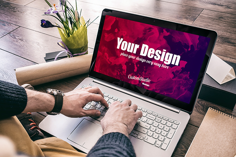Man working with Laptop PSD Mockup in Mobile & Web Mockups - product preview 8