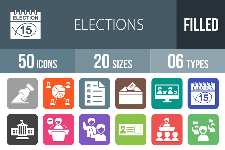 50 Elections Flat Round Corner Icons