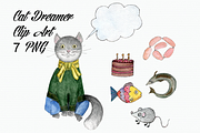 Watercolor Cat Dreamer Clip Art