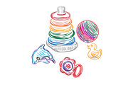Baby toys in sketch style, vector