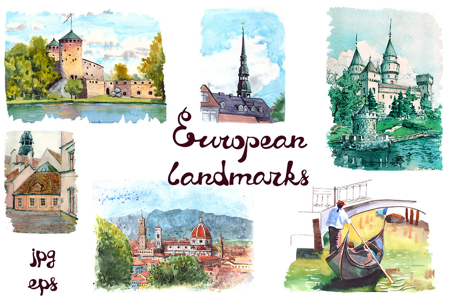 Watercolor European landmarks in Illustrations - product preview 8