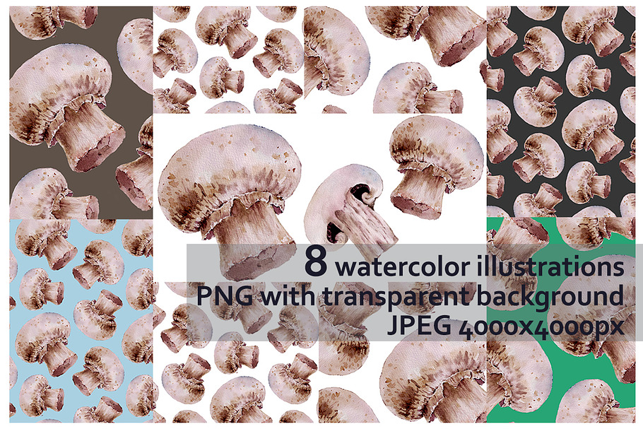 Watercolor patterns with champignon in Illustrations - product preview 8