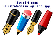 Set of 4 pens illustrations