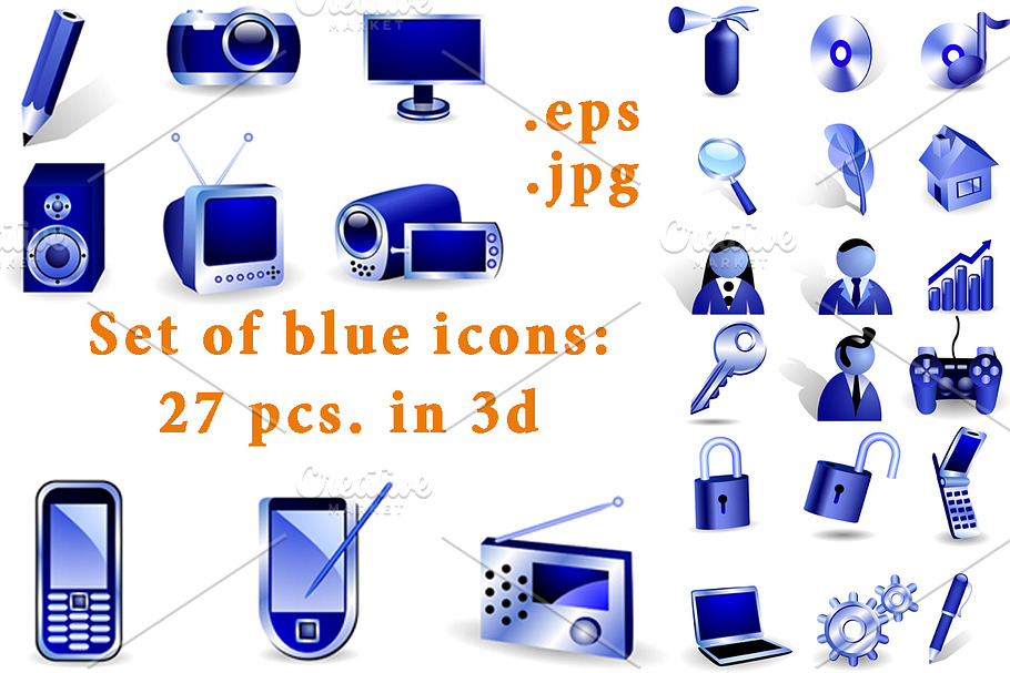 Set of blue 3d icons
