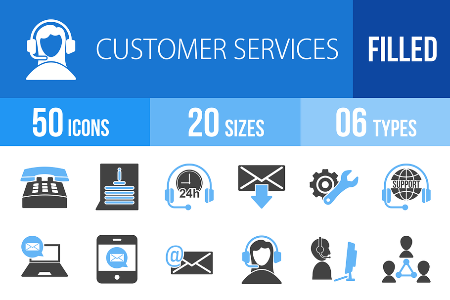 50 Customer Service Blue Black Icons