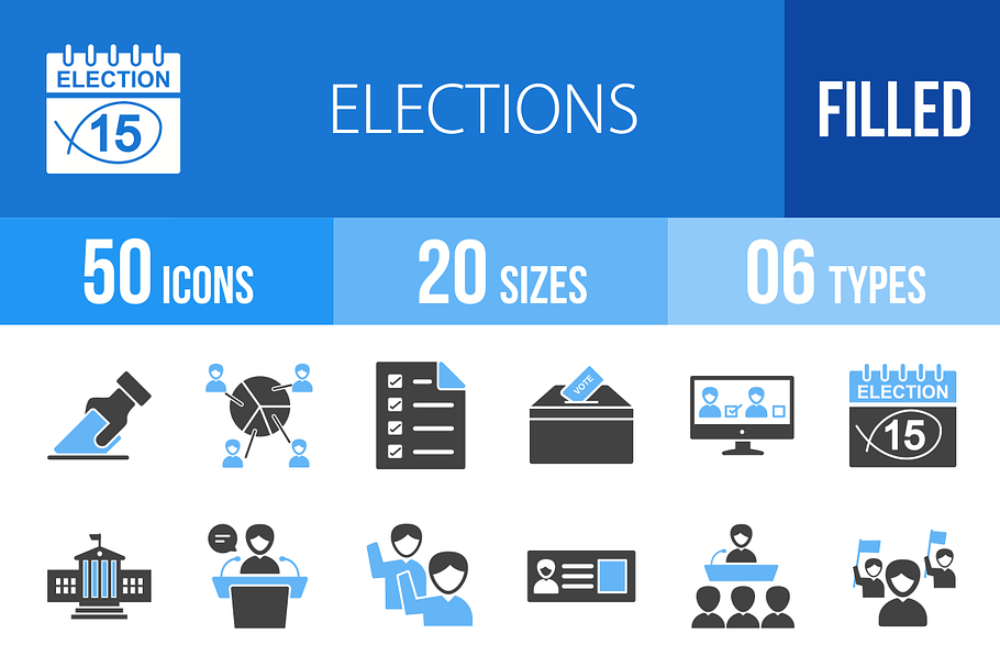 50 Elections Blue & Black Icons