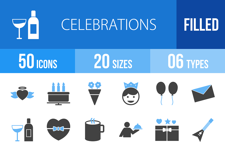 50 Celebrations Blue & Black Icons