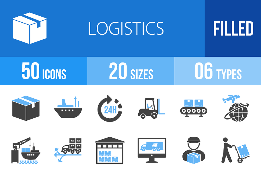 50 Logistics Blue & Black Icons