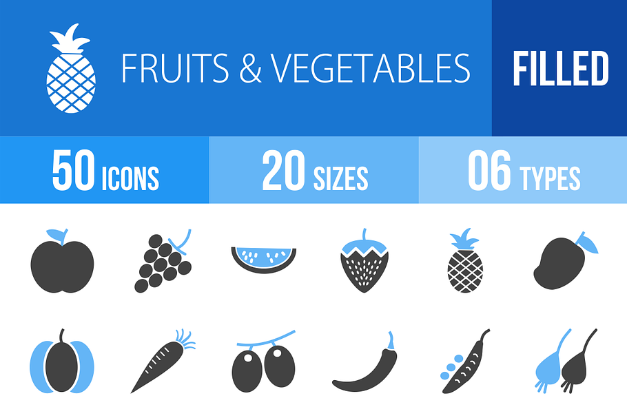 50 Fruits & Veggies Blue Black Icons