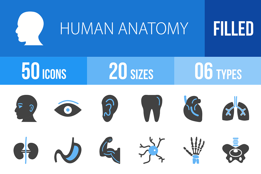 50 Human Anatomy Blue & Black Icons